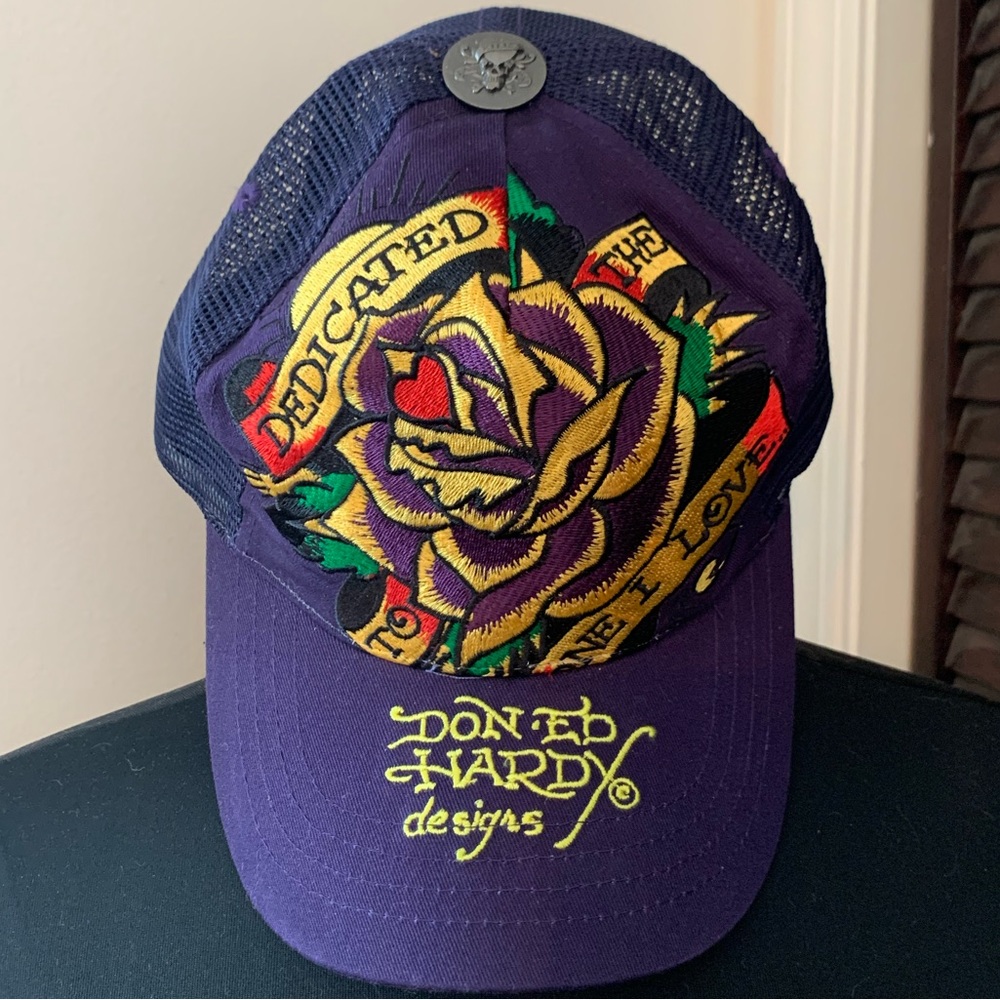 VINTAGE ED HARDY / snap back trucker hat / embroidered rose - Picture 2 of 10